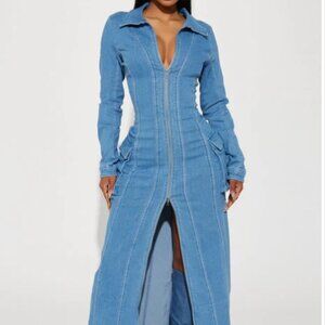 Fashion Nova Denim Maxi Dress with Full Length Zipper and Cargo Pockets